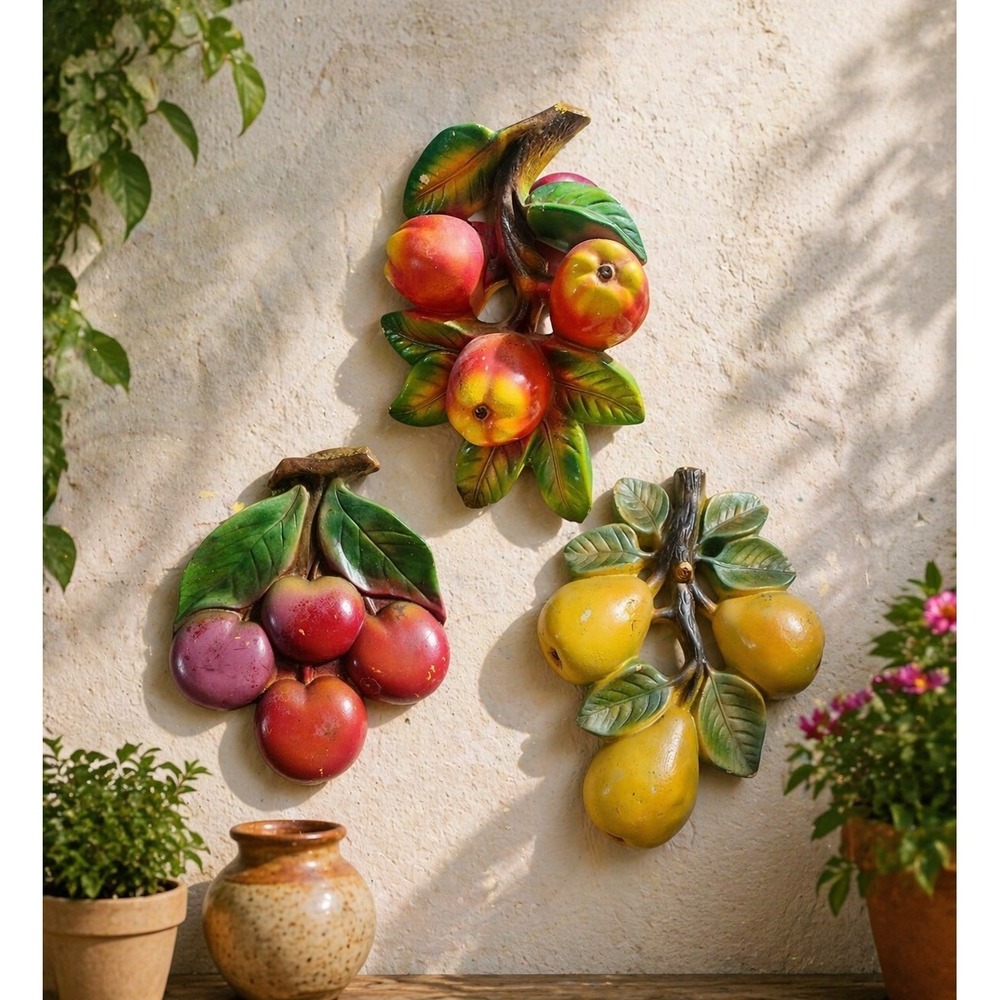 Vintage Mid Century Chalkware Fruit Wall Plaques Set of 3 – Apples, Cherries...